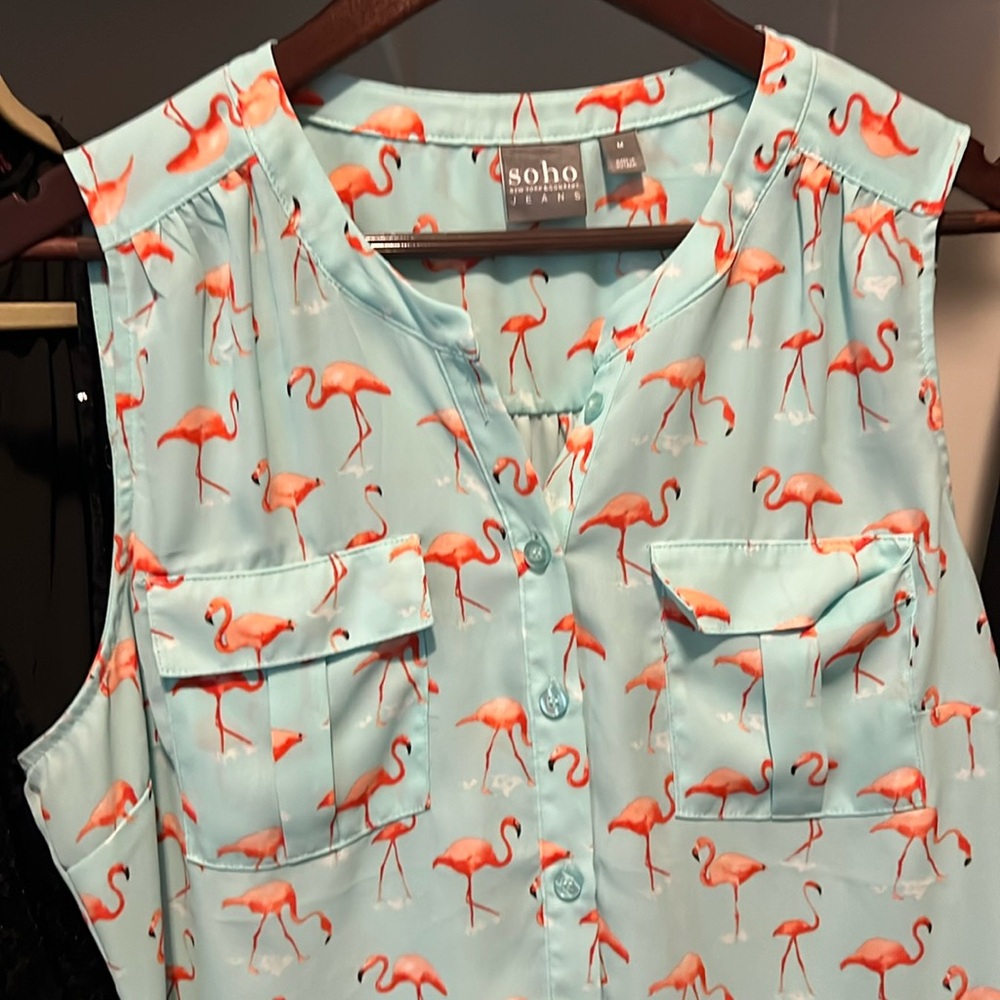 Blue button down with flamingo print
